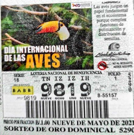 En los billetes y chances de este domingo 9 de mayo de la Lotería, resaltan la fecha del día internacional de las aves.