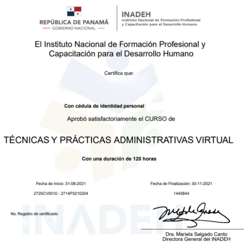 Certificado virtual de los cursos del INADEH. Certificado virtual de los cursos del INADEH.