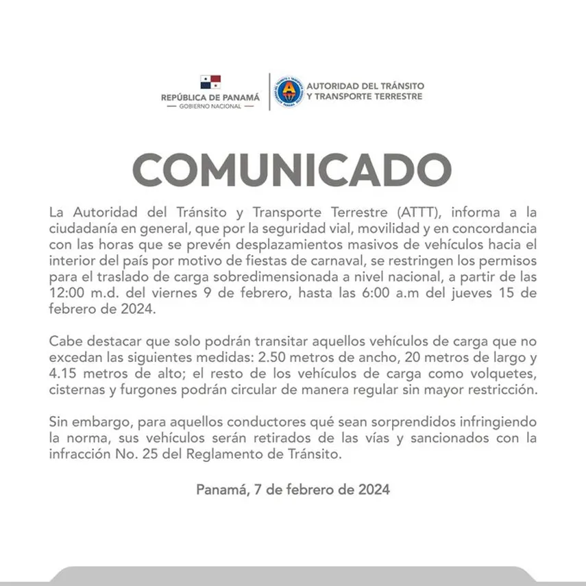 A partir de hoy la ATTT anuncia restricciones de carga sobredimensionada A partir de hoy la ATTT anuncia restricciones de carga sobredimensionada