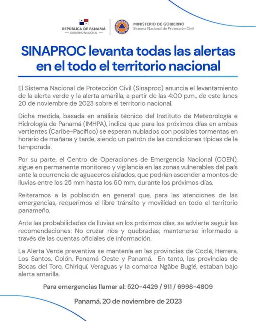Comunicado del SINAPROC sobre el levantamiento de alertas en todo el país Comunicado del SINAPROC sobre el levantamiento de alertas en todo el país