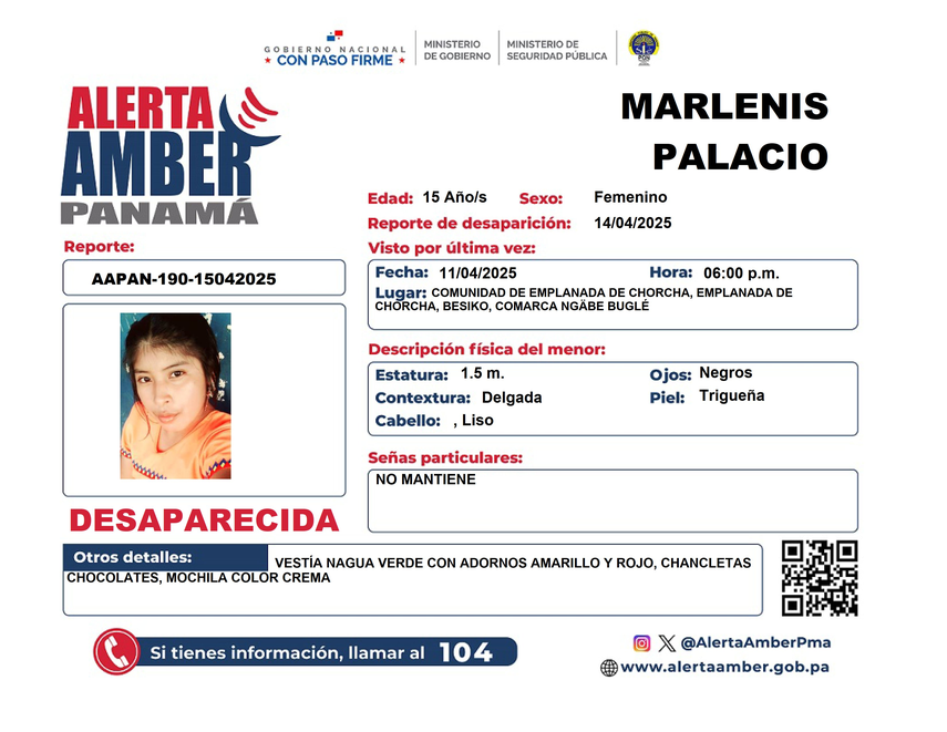 Alerta AMBER por la desaparición de una adolescente en Ngäbe Buglé.