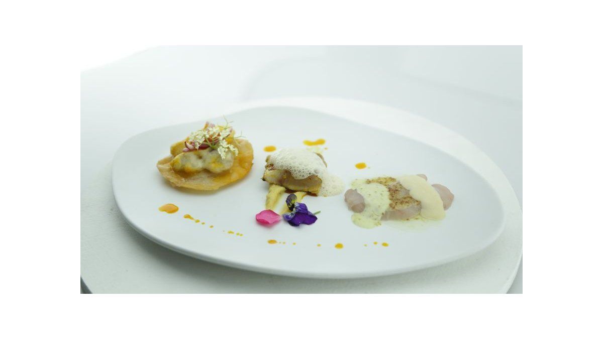 Crudo de dorado, tortilla con salsa de mango y puré de plátano – Pascual y Alexander