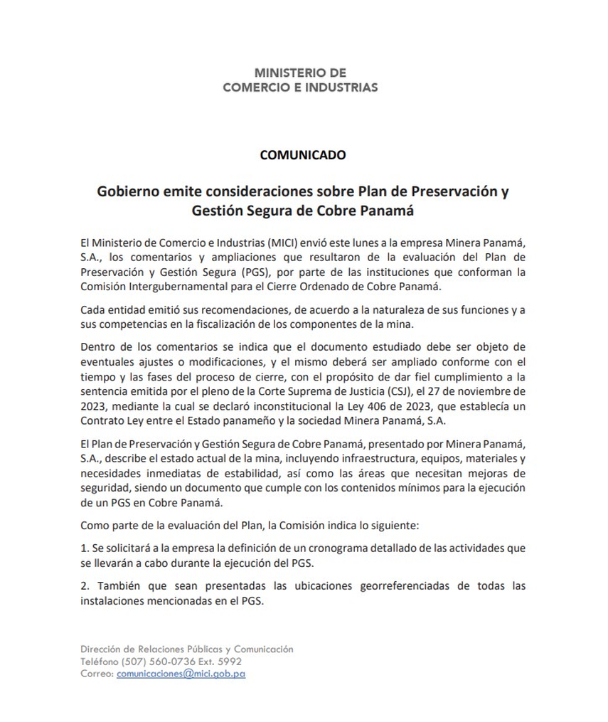 Gobierno envía a Minera Panamá comentarios y ampliaciones del PGS Gobierno envía a Minera Panamá comentarios y ampliaciones del PGS
