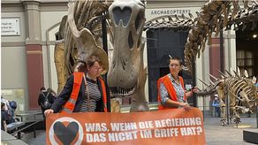 Activistas se pegan a esqueleto de dinosaurio como protesta