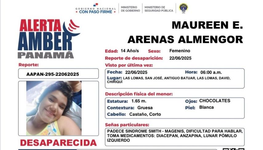 Activan Alerta Amber por desaparición de una menor de 14 años en Chiriquí