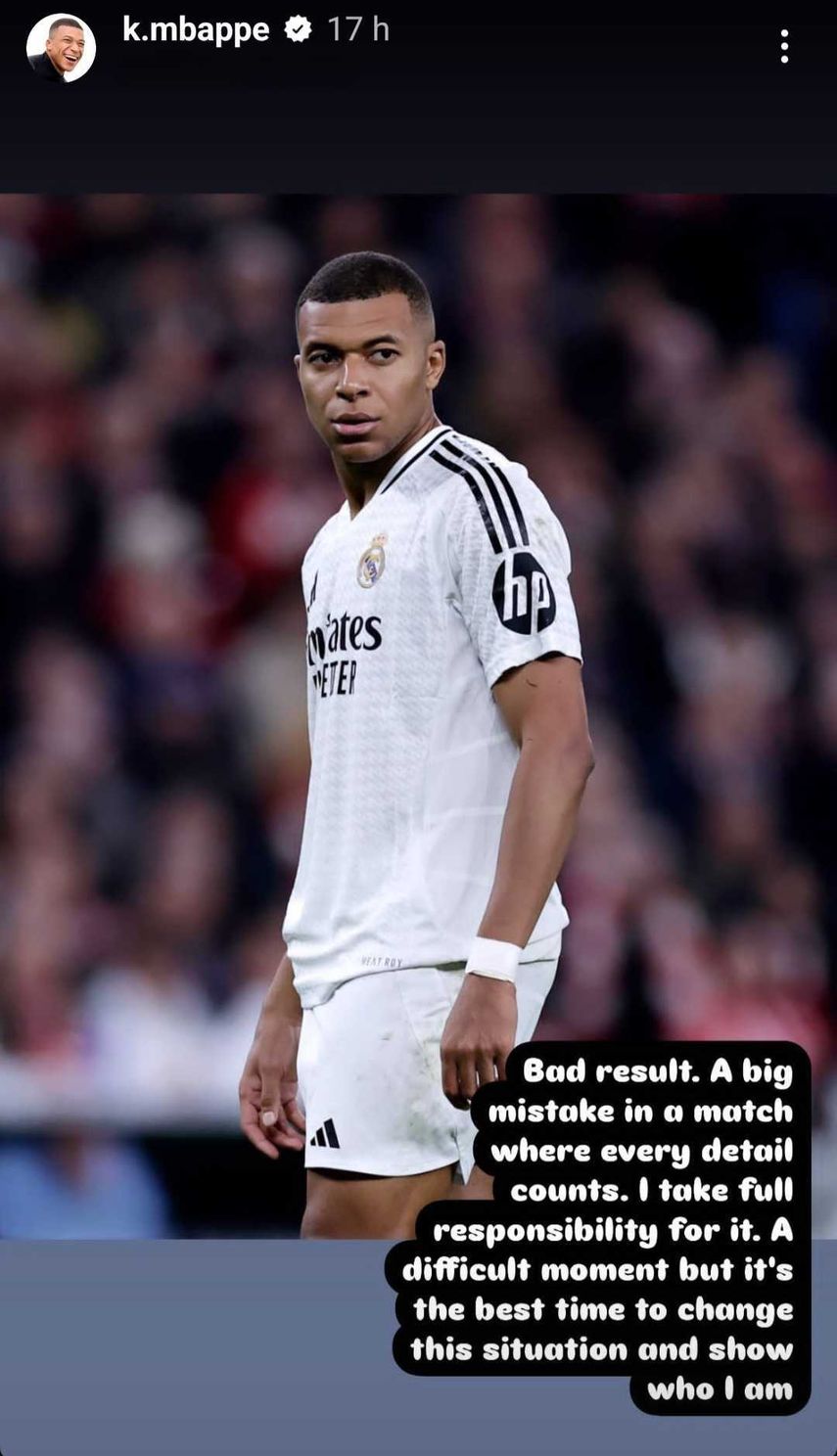 En una publicación en su cuenta de Instagram, Mbappé expresó que asume la responsabilidad de los resultados del partido. En una publicación en su cuenta de Instagram, Mbappé expresó que asume la responsabilidad de los resultados del partido.