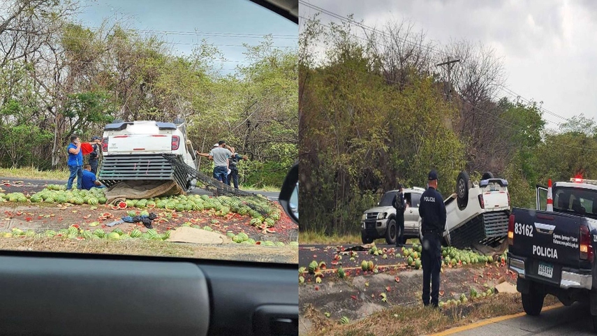 Vehículo que transportaba sandías se vuelca en la carretera Panamericana.