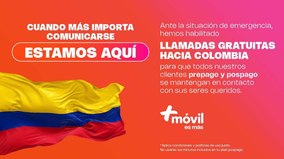 +Móvil se solidariza con Colombia y activa llamadas gratuitas para sus clientes.