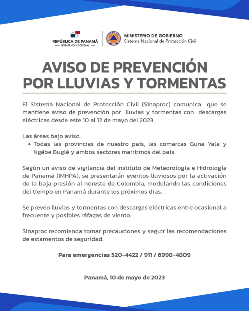 SINAPROC Emite Aviso De Prevención Por Lluvias Y Tormentas