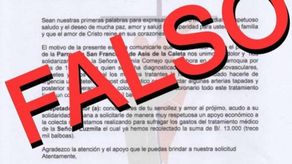 Nota falsa en la que se solicita apoyo económico a nombre del sacerdote Jhassir Pacheco.
