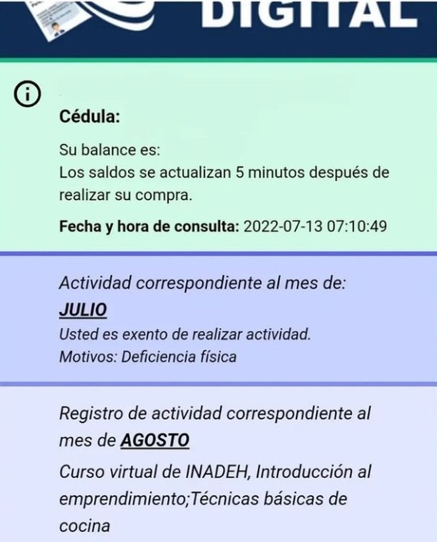 Los beneficiarios del vale digital, pueden validar su asignación correspondiente al mes de agosto ya sea trabajo comunitario o cursos del el Instituto Nacional de Formación Profesional y Capacitación para el Desarrollo Humano