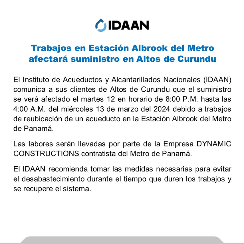 ¡Hoy! IDAAN dejará sin agua al sector de Altos de Curundú ¡Hoy! IDAAN dejará sin agua al sector de Altos de Curundú