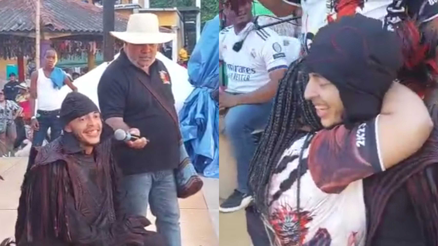 Samira Solís al abrazar a quien le propuso matrimonio cuando se presentó en la tarima.