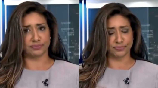 Momento en que la conductora de televisión se traga la mosca