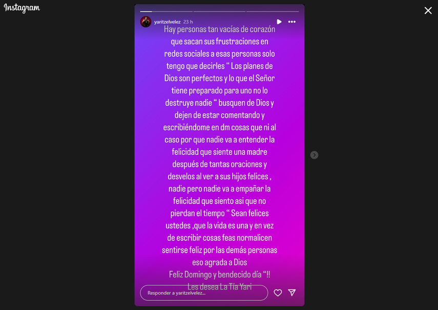 Mensajde Yaritzel Vélez a sus haters. Mensajde Yaritzel Vélez a sus haters.