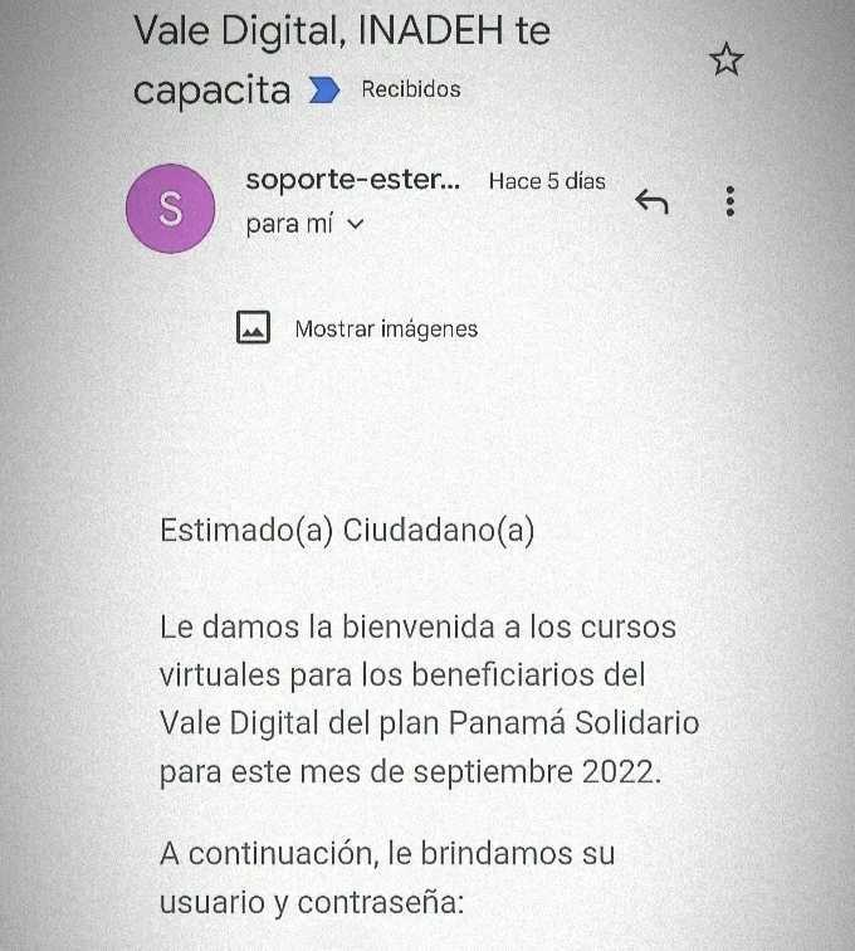 Correo de acceso para acceder a los cursos del Vale Digital