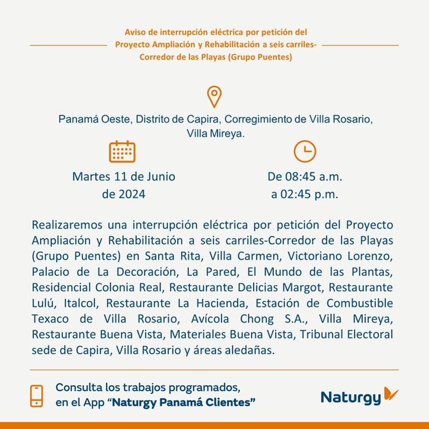 Naturgy dejará sin luz a sectores de Panamá Oeste ¿Cuándo? Naturgy dejará sin luz a sectores de Panamá Oeste ¿Cuándo?