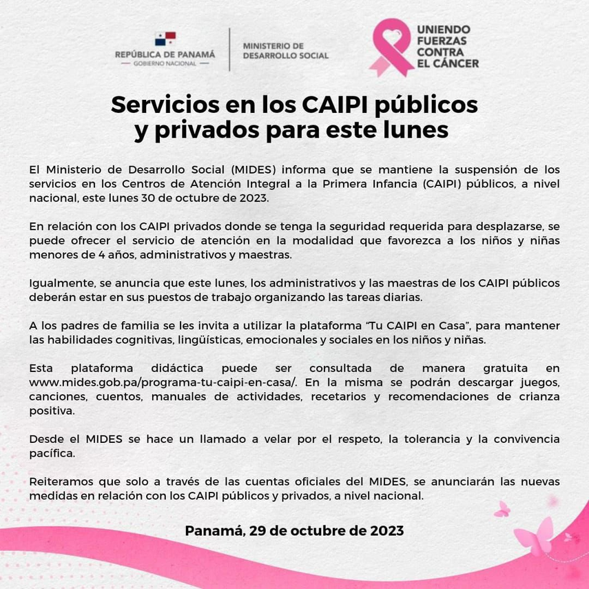 Servicios en los Centros de Atención Integral a la Primera Infancia (CAIPI) públicos se suspenden este lunes Servicios en los Centros de Atención Integral a la Primera Infancia (CAIPI) públicos se suspenden este lunes