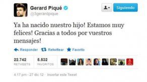 Piqué gasta inocentada a través de Twitter sobre nacimiento de su hijo