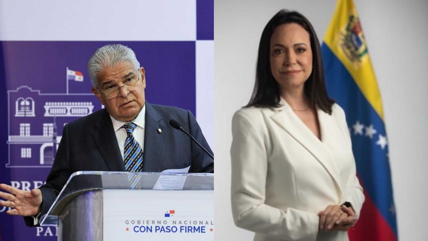 El presidente José Raúl Mulino conversa con la líder opositora María Corina Machado.