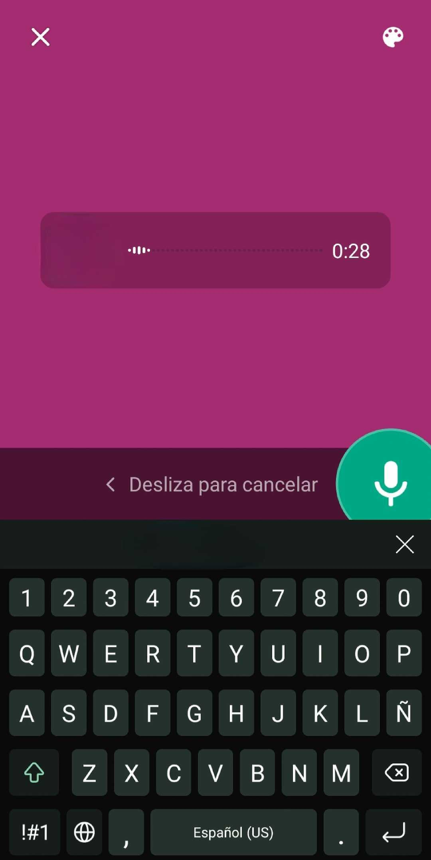 Mantendrás presionado el micrófono y grabarás el mensaje que te guste. Además, podrás cambiar el color del fondo. Por el momento no se añaden emojis o stickers. Mantendrás presionado el micrófono y grabarás el mensaje que te guste. Además, podrás cambiar el color del fondo. Por el momento no se añaden emojis o stickers.