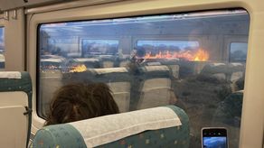 El fuego lamía la vegetación y el humo oscurecía el cielo azul debido al incendio.