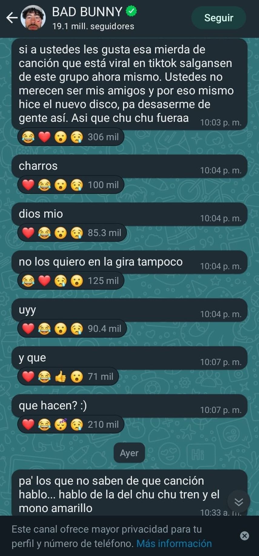 Canal de difusión de WhatsApp de Bad Bunny Canal de difusión de WhatsApp de Bad Bunny