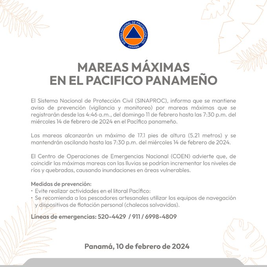 SINAPROC emite aviso de prevención por mareas máximas SINAPROC emite aviso de prevención por mareas máximas