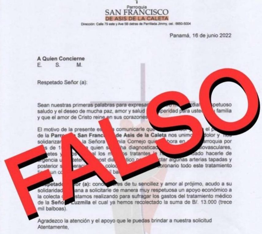 Nota falsa en la que se solicita apoyo económico a nombre del sacerdote Jhassir Pacheco.