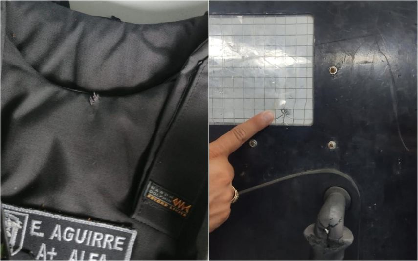 El escudo y el chaleco de protección que portaba la unidad de la Policía Nacional fueron presentados como pruebas tras el ataque contra el agente que intentaba contener a los manifestantes.