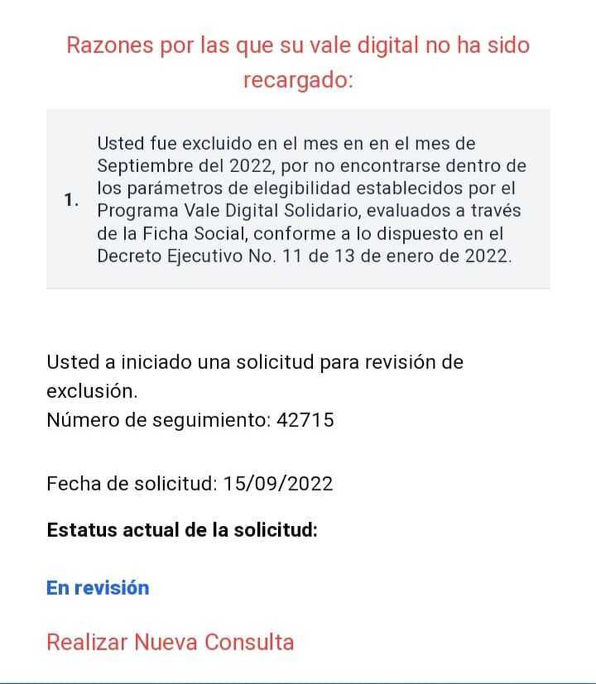 Notificación que ha sido excluido del beneficio del vale digital