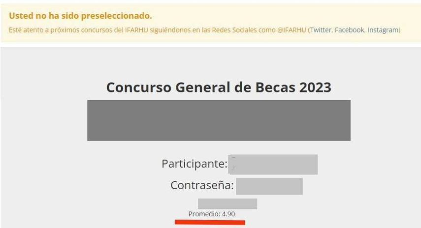 Participante del Concurso General de Becas con calificación 4.9 sin haber sido preseleccionado