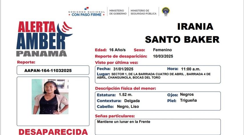 Activan Alerta Amber por desaparición de una menor de 16 años en Bocas del Toro