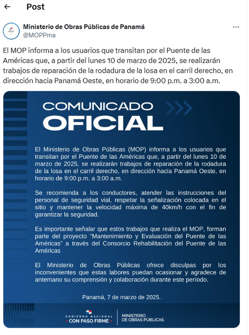MOP anuncia el cierre de un carril del Puente de las Américas. MOP anuncia el cierre de un carril del Puente de las Américas.
