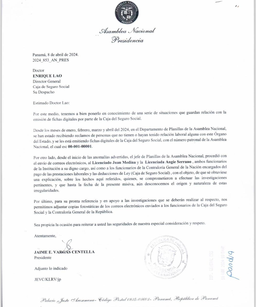 Carta suministrada por el departamento de Relaciones Publicas de la Asamblea Nacional Carta suministrada por el departamento de Relaciones Publicas de la Asamblea Nacional