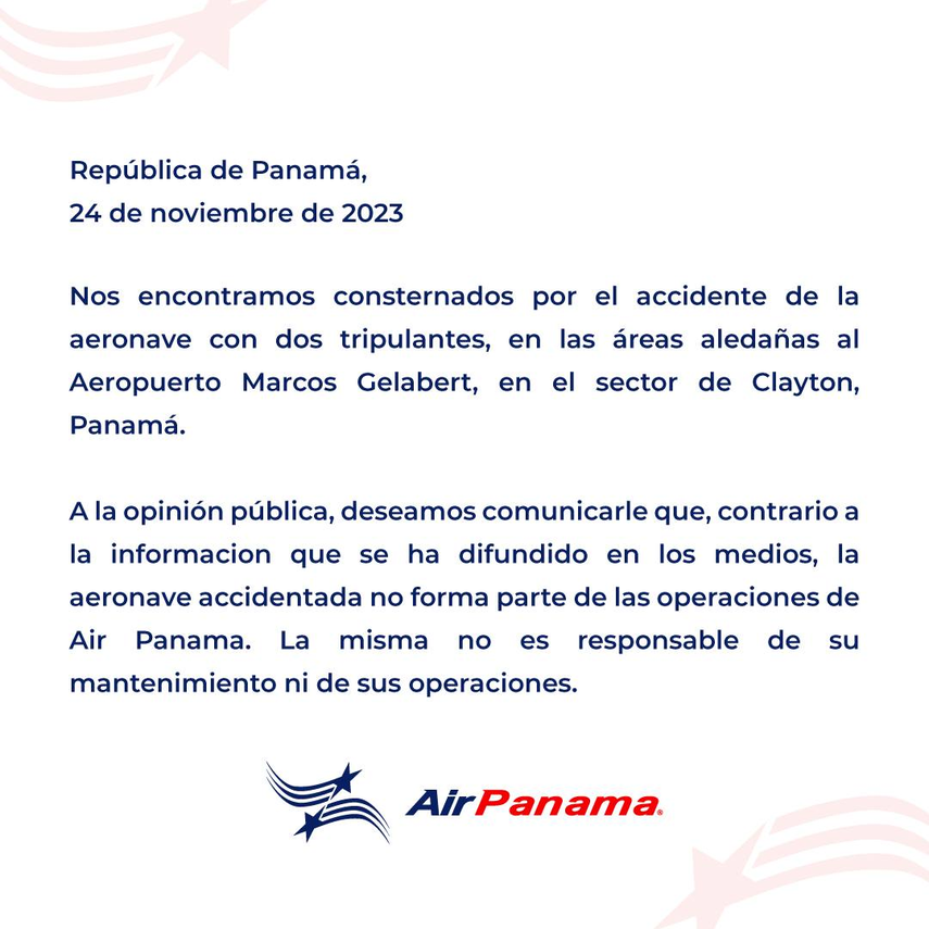 Aeronave accidentada no forma parte de las operaciones de la aerolínea Air Panama Aeronave accidentada no forma parte de las operaciones de la aerolínea Air Panama