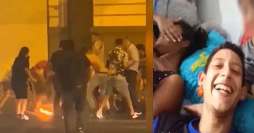 En la foto izquierda momento en que personas socorren a la mujer incendiada. Foto derecha muestra al agresor junto con la dama en la cama