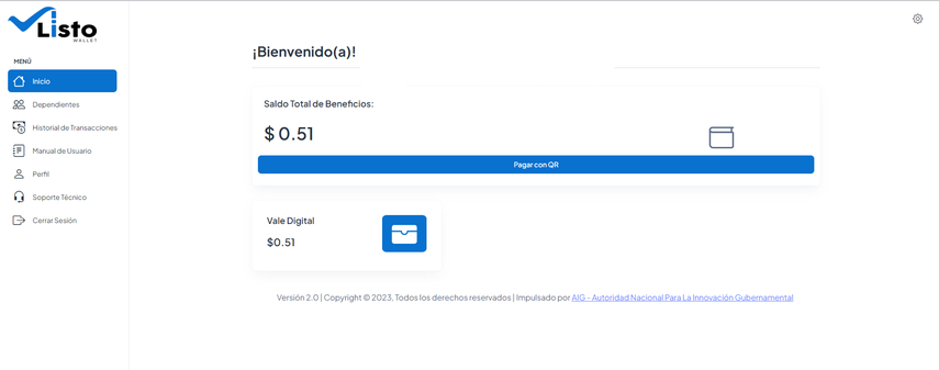 Pantalla de inicio de Listo Wallet Pantalla de inicio de Listo Wallet