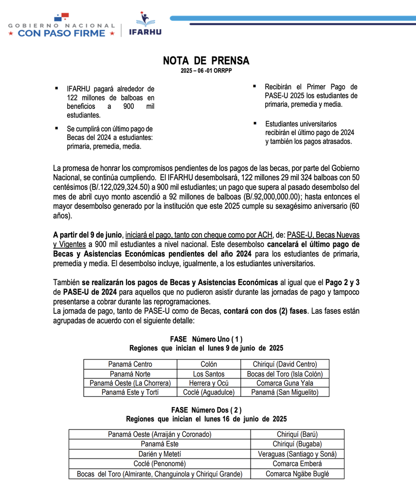 Nota de prensa del IFARHU sobre el pago de becas 2025. Nota de prensa del IFARHU sobre el pago de becas 2025.