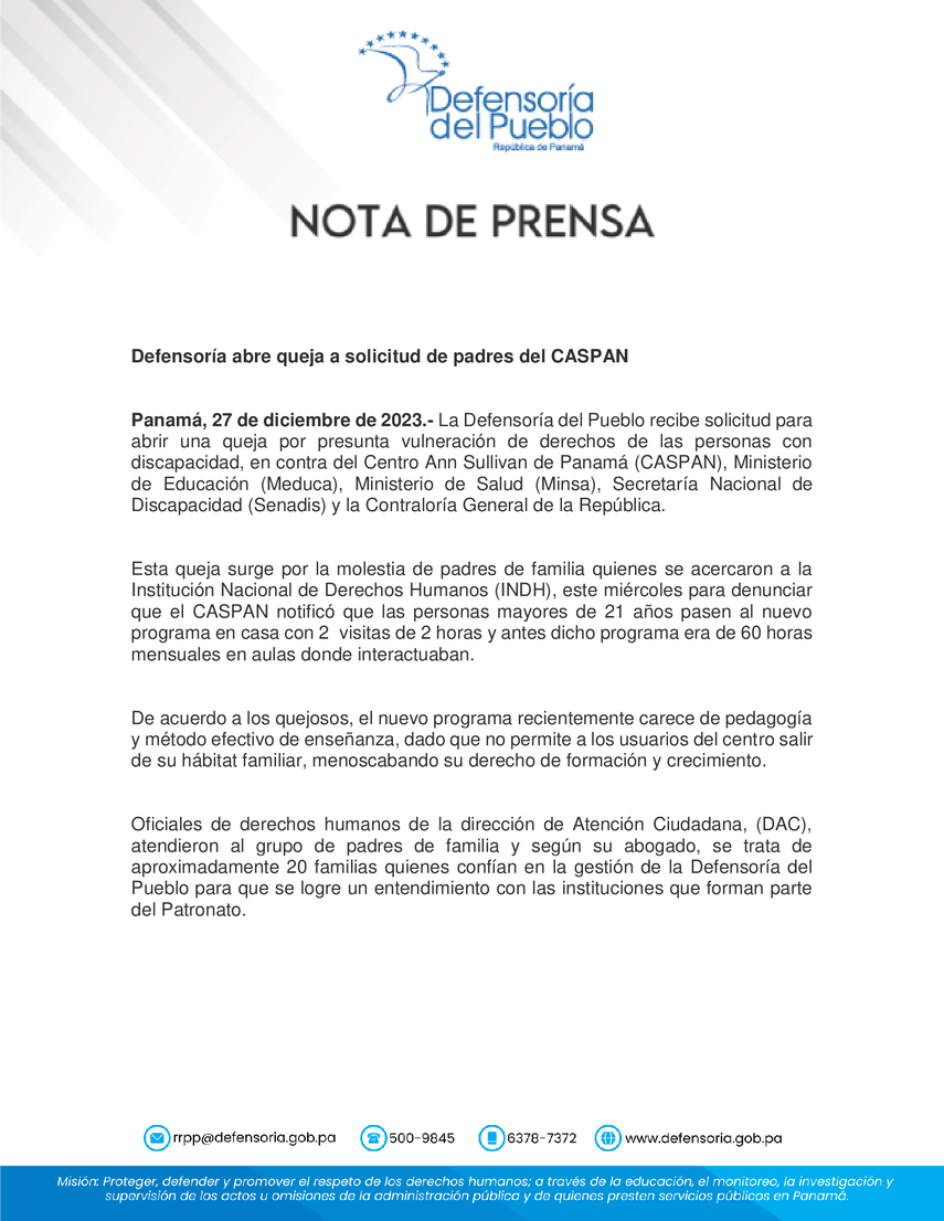 Defensoría abre queja contra el Centro Ann Sullivan de Panamá Defensoría abre queja contra el Centro Ann Sullivan de Panamá