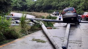 Los postes que cayeron de un camión articulado en Loma Campana impactaron a un vehículo.