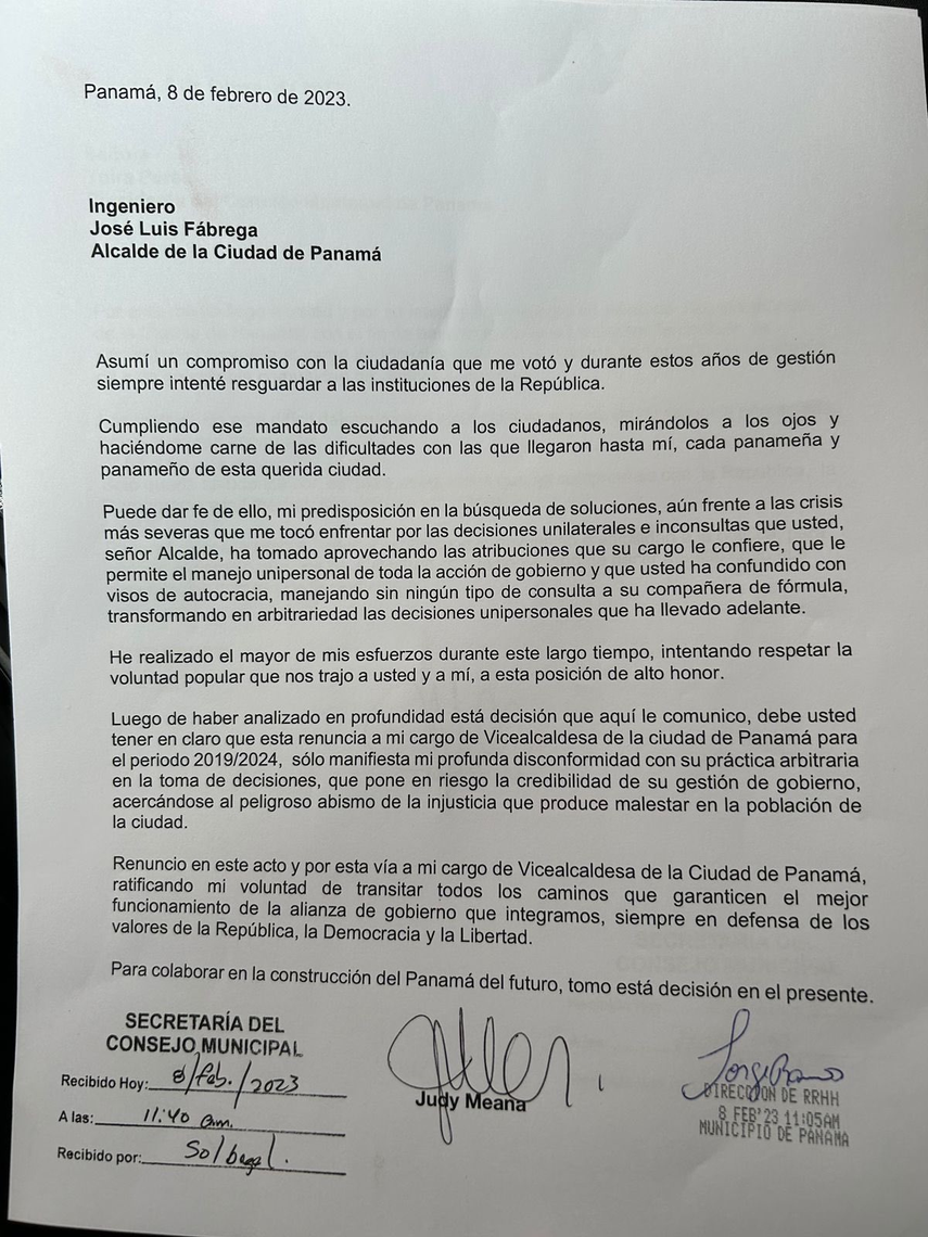 Carta de renuncia de la vicealcaldesa Judy Meana.