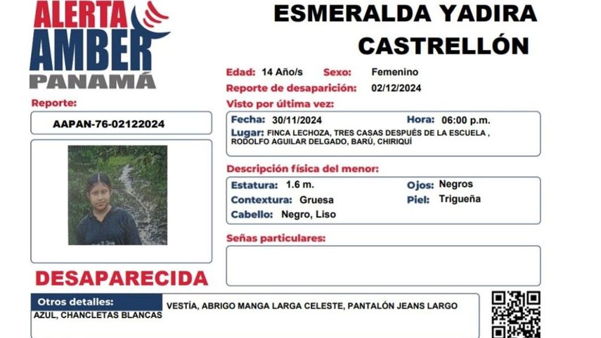 Activan Alerta Amber por la desaparición de Esmeralda Yadira Castrellón en Chiriquí