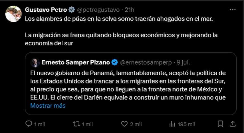 Gustavo Petro en desacuerdo con el cercado en la Selva de Darién Gustavo Petro en desacuerdo con el cercado en la Selva de Darién
