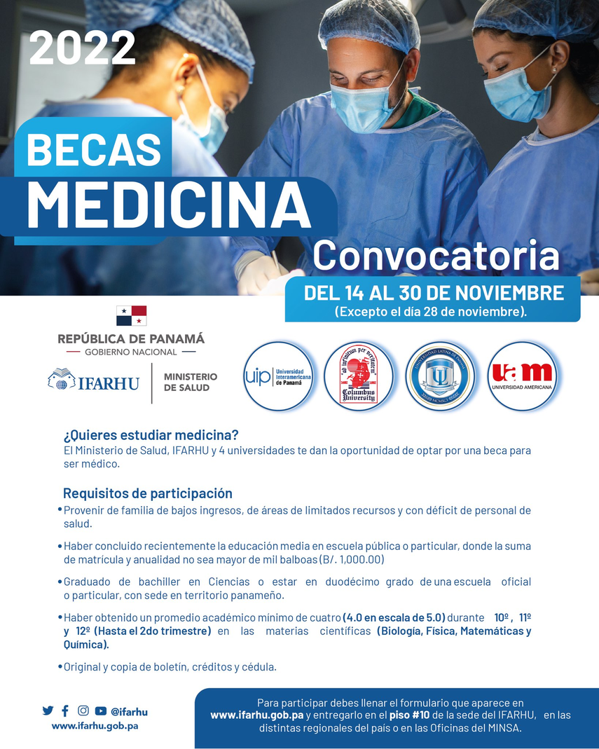 Anuncio del Ifarhu para la convocatoria de becas en la carrera de medicina