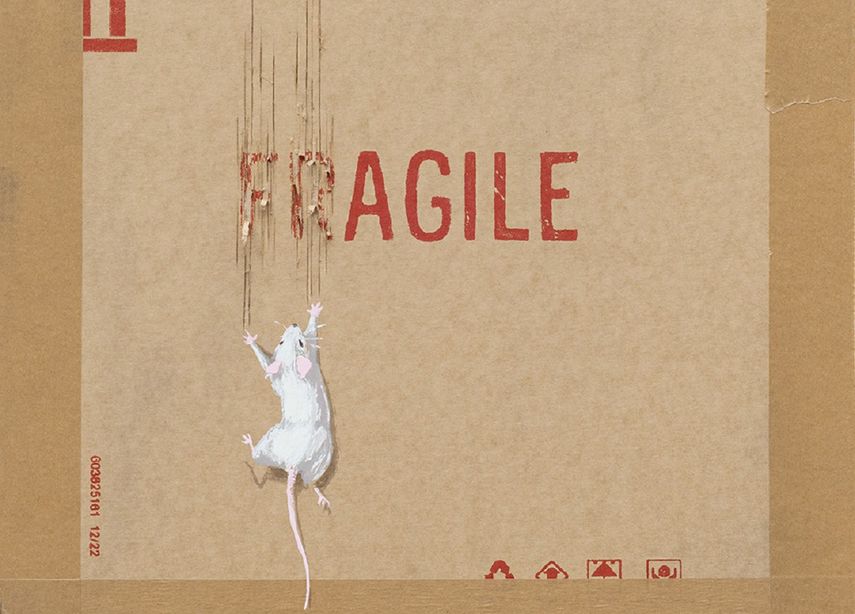 La obra representa un ratón blanco con las pezuñas que rasgan un cartón con la inscripción Frágil.