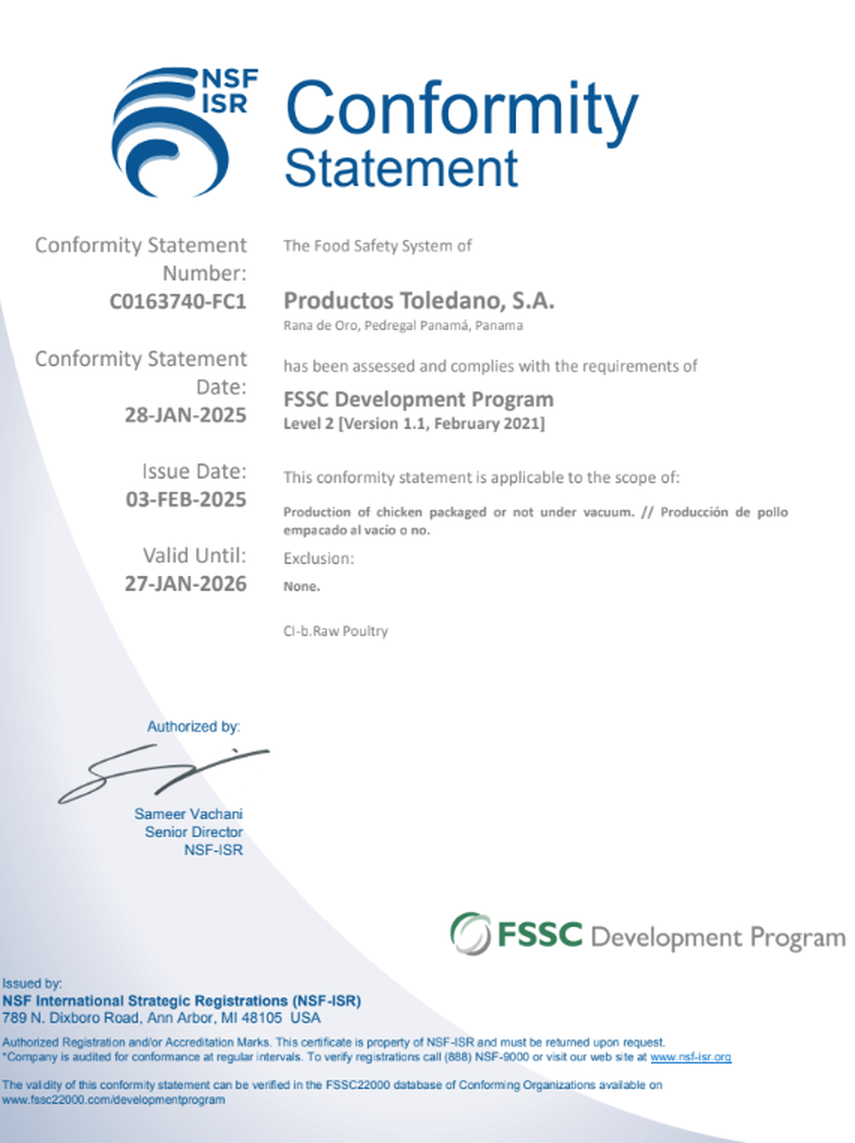 Certificación internacional FSSC 22000 Development Program Nivel II. Certificación internacional FSSC 22000 Development Program Nivel II.