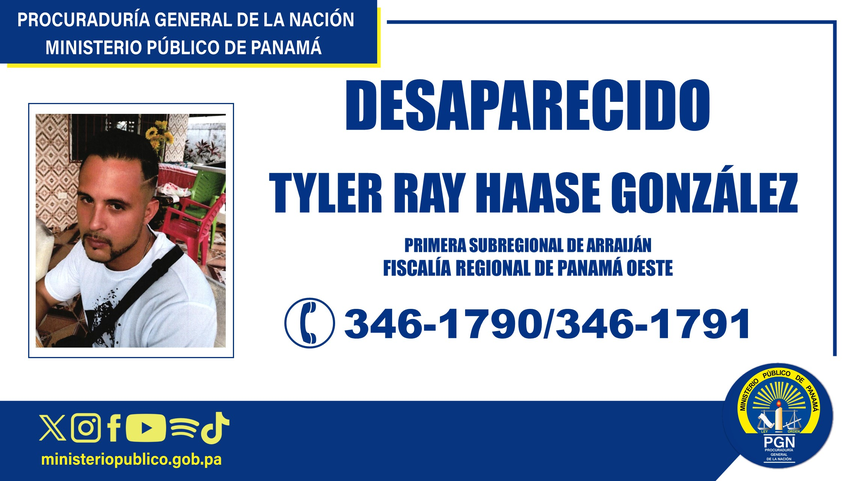 Ministerio Público reporta la desaparición del joven Tyler Haase.