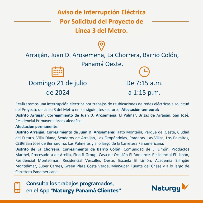 ¡Prepárese! Naturgy dejará sin luz a comunidades de La Chorrera y Arraiján ¡Prepárese! Naturgy dejará sin luz a comunidades de La Chorrera y Arraiján 