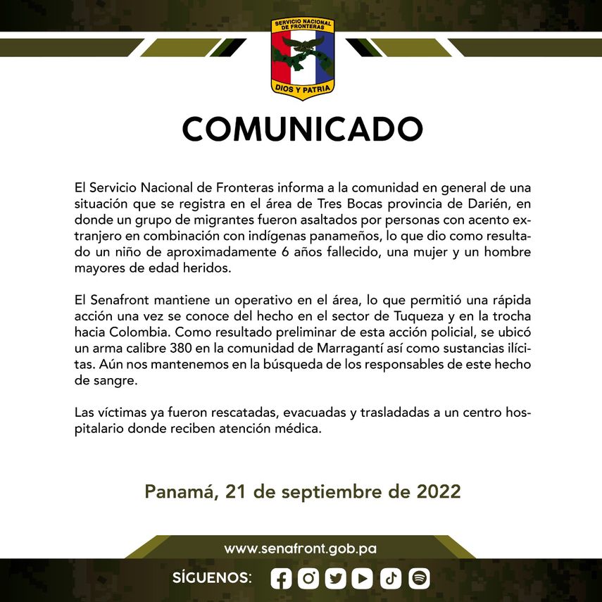 Comunicado del Servicio Nacional de Fronteras (Senafront)